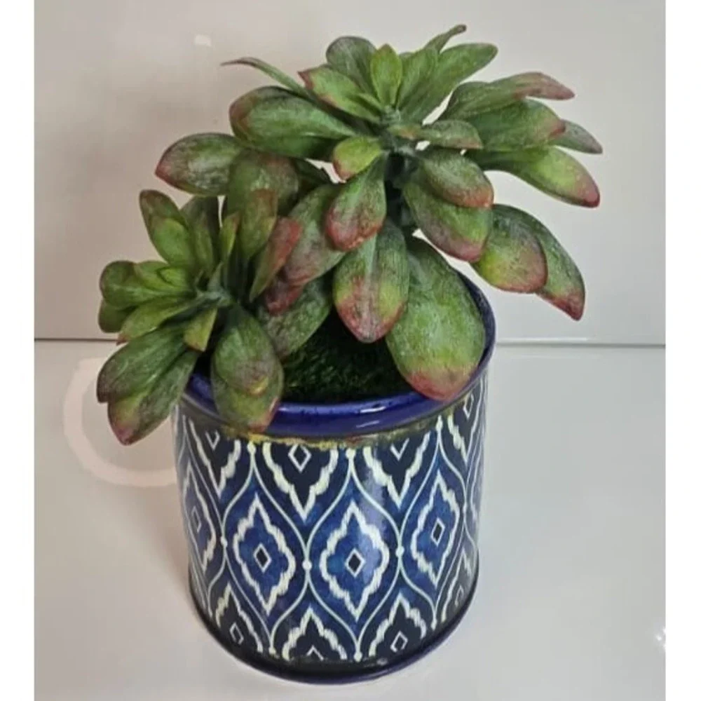 Handcrafted Artificial Succulent in Blue Pot – Unique Decor, No Water Needed!